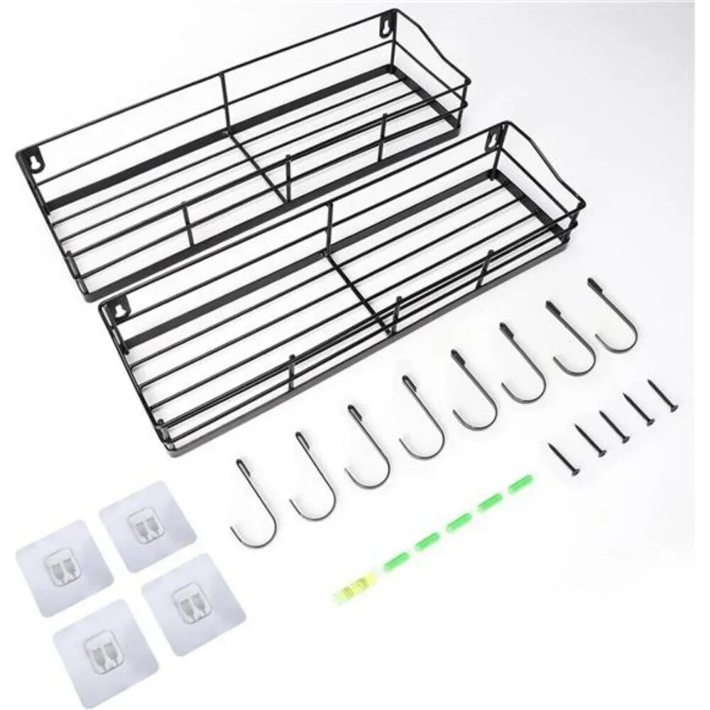 Black Floating Wall Shelves Set of 2 with Hooks Bathroom Kitchen Storage Rack